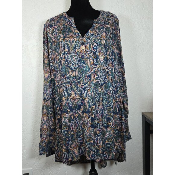 June+Vie Womens Paisley Long Sleeve Pleated Button Neckline 18/20 Multicolor Top - Picture 1 of 7
